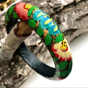 Vintage Hand-Painted Floral Boho Wooden Bangle